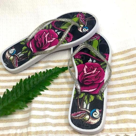 LA Ink Rose and Bird Flip Flops - Picture 3 of 11